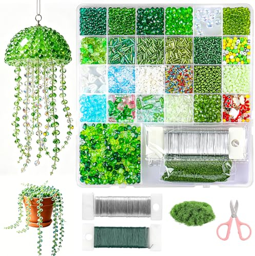 5420 Pezzi Perline Verdi per Braccialetti e Creazione Piantine 3D, Kit Perline da Infilare 2mm-13mm con Foglie e Fiori, Perle con Filo Metallico Modellabile per Hobby Creativi, DIY Beaded Plant Kit