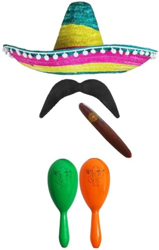 Mexikansk snygg klänning accessoarer sett. Mexikansk SOMBRERO + MARACAS + TAS. Perfekt för Mexikanska läckerhetskostymer SENORITA BANDIT MARIACHI (MULTI-färgad POM SOMBRERO + GRÖN OCH ORANGE MARACAS)
