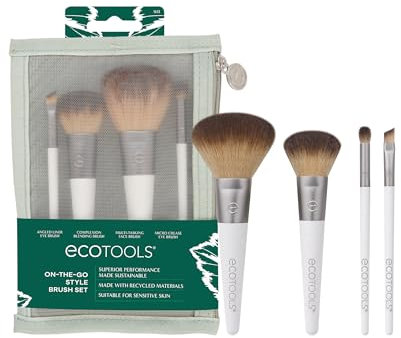 EcoTools On-The-Go Makeup Brush Kit, Travel-Friendly Brush Set, Mini-Size Makeup Tools for Powders, Blush, Bronzer, & Eyeshadows, Eco-Friendly, Synthetic Bristles, Cruelty-Free & Vegan, 5 Piece Set