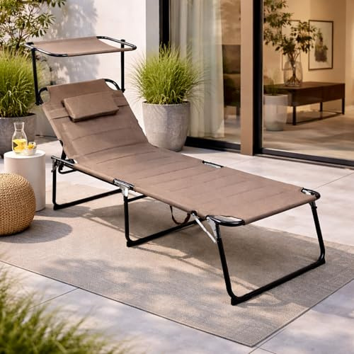 Mojawo XXL Gartenliege Sonnenliege Relaxliege Liege Aluminium mit Kissen gepolstert klappbar Taupe L200xB70xH45/95cm Belastbar bis 150kg