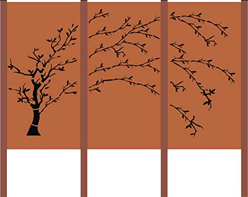 Design Gartenzaun Sichtschutz 3 - teiliger Baum bestehend aus 3 Rostelemente und 4 Pfosten SWC017 (Cortenstahl)