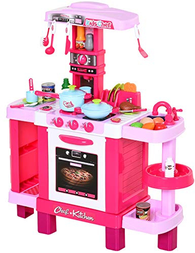 HOMCOM Cocina de Juguete para Niños Mayores de 3 Años con 38 Accesorios Luz Sonido Juegos de rol Temprano Educativo 78x29x87 cm Rosa