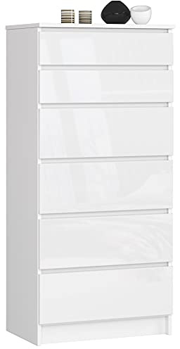 AKORD Kommode K60 mit 6 Schubladen | für das Wohnzimmer Schlafzimmer Schrank Büro Arbeitszimmer | Modernes Funktionales Design | B60 x H130 x T40 cm, Gewicht 43kg | Weiß/Weiß Glänzend