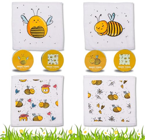 Bada Bing 4er Set Magisches Handtuch Biene - Zauberhafte Baumwoll-Waschlappen mit Aufhänger Zauberhandtuch für Kinder ca. 30x30cm 4fach s. Gastgeschenk Kindergeburtstag Geburtstag Geschenk Mitgebsel