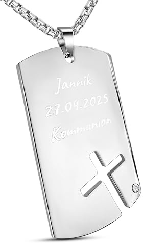 Hanessa Personalisierte Kette mit Gravur Edelstahl 60 cm mit Anhänger Dog Tag Kreuz - Personalisierte Halskette für Männer und Frauen - Personalisierter Schmuck Damen Herren