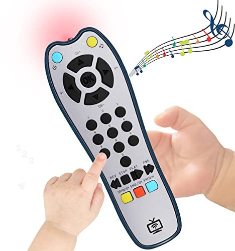 KOESMG Juego de control remoto de TV realista para bebés con luz y sonido, altavoz ajustable, juegos de música educativa temprana con 3 idiomas, juego de regalo para niños o niñas de más de 3 meses