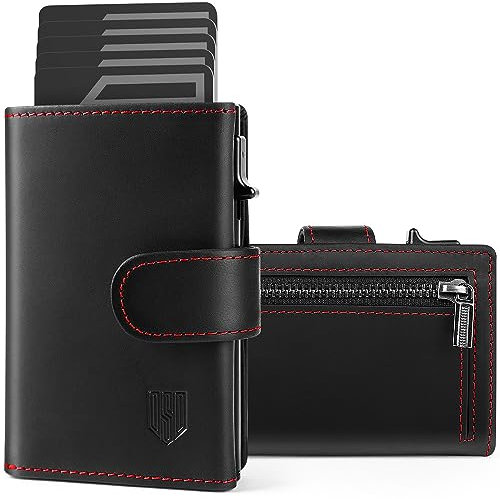 DODENSHA Kreditkartenetui geldbörse Herren RFID-Kreditkartenetui mit Münzfach, automatisches Pop-up-Kartenetui aus Aluminium für 8-10 Karten, Ausweisfenster | SchwarzRot