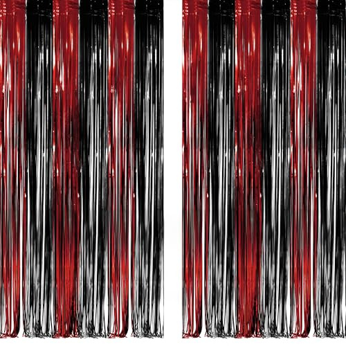 Black Red Party Streamers Backdrop - GREATRIL Foil Fringe Tinsel for Stranger/Friday Party/Halloween Party Decorations - 3.2ft X 8.2ft - 2 Packs