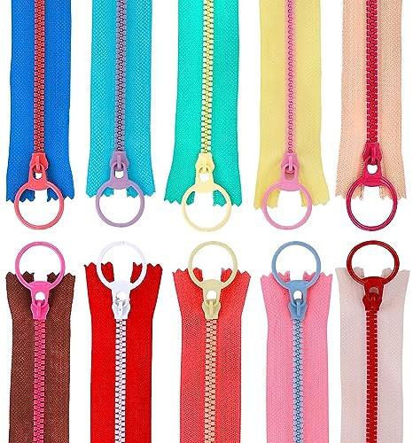 Cremalleras de resina, de bobina, cremallera colorida, 10 unidades con anillo Quoit 10 colores, cierre de cremallera para sastre, costura, artesanía, ropa (20 cm)