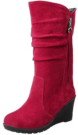 rismart Femme Souple Botte mi-mollet Talon Compensé Mince Doublé de Fourrure Daim Cuir Chaussures d'hiver Rouge,37