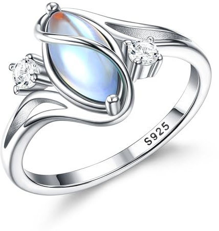 ADRAMATA 925 Sterling Silver Rings for Women Moonstone Ring Rainbow Cubic Zirconia Accents Ring Solitaire Gemstone Statement Rings 18K Gold Plated Silver Rings