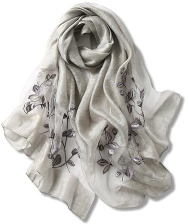 LumiSyne Seidenschal Für Damen Chiffon Schal Transparenter Tüll Mit Blatt Stickerei Leichte Weich Lange Halstücher Sonnenschutz Stola Hijab Durchsichtiger Schal Frühling Sommer Herbst