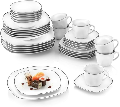 SÄNGER Juego de vajilla Bilgola Black Rim de 36 piezas, vajilla de porcelana para 6 personas, apto para lavavajillas, vajilla con platos y servicio de café, vajilla blanca con detalles en negro