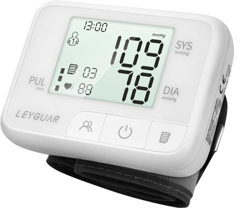 LEYGUAR Wrist Blood Pressure Monitor – Digital BP Machine for Home Use, Large Display, Adjustable Cuff (5.3–7.6”), 99 Memory for 2 Users, Accurate & Portable Design, Portable Carrying Bag Included