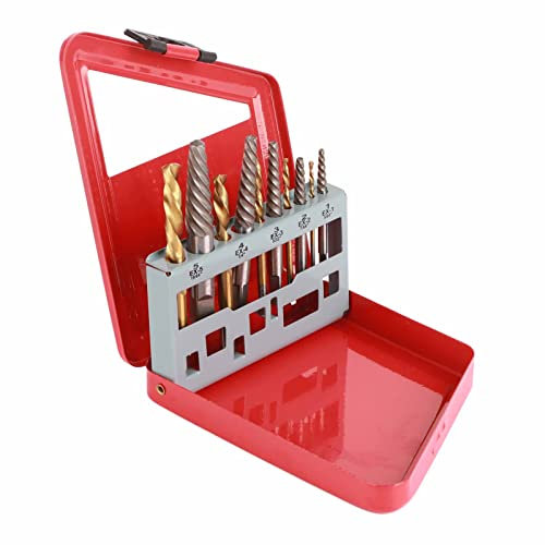 Coated Alloy Steel Screw Extractor Set, 10Pcs Left Hand Drill Bit with Metal Case, for Various Sizes of Cobalt Drill Bits, Manual Removal of Bolts