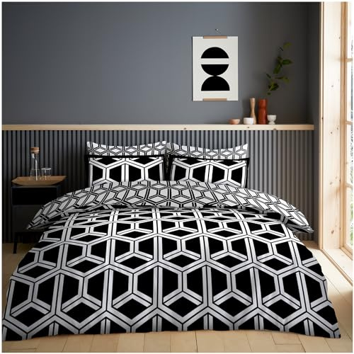 GC GAVENO CAVAILIA Duvet Cover Double with Pillowcases | Breathable Polycotton Comforter Cover with Pillowcases | Reversible Double Bedding Set (200x200 cm) | Washable Bed Set | Black/White