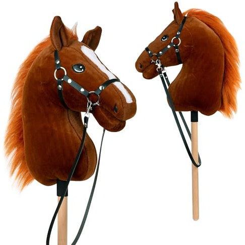 Pink Papaya Hobbyhäst, med grimma och träns, käpphäst för hobby horsing, häst att rida för barn.