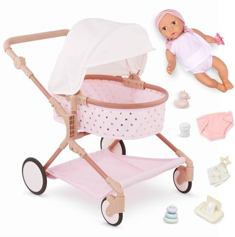 LullaBaby - Set de Cochecito Doble para muñecas - Juego de Accesorios para Cochecito de Muñecas y Gemelos - Toldo Plegable y Cesta de Almacenamiento - Juguete para niños a Partir de 2 años