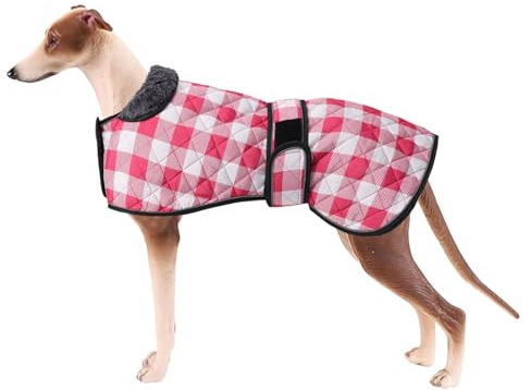 Geyecete Wasserdichter Hundemantel,Windhund Mantel,Whippet Hundejacke Winter,mit Warmem Fleecefutter innen,Verstellbaren Outdoor Hundebekleidung für Windhunde/Lurcher/Whippet-Kariert Rosa-XXL