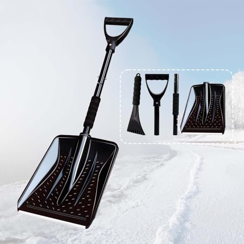 Hmfmdy Schneeschaufel, Schneeschieber mit ergonomischem Griff, leichtes tragbares abnehmbares Schneeräumwerkzeug für LKW- Auto, Garten, Camping, Outdoor, Notfall, Schneemannspielen – Schwarz