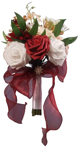 LEIFENY Wedding Bouquets for Bride, Burgundy & White Bridal Bridesmaid Flower with Silk Ribbon, Artificial Toss Rose for Civil Ceremony