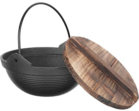 Alipis 18cm Iron Small Hot Pot with Wood Lid for Single Person Cooking, Portable High Temperature Tolerance Soup Pot Suitable for Cooking Foods and Porridge, for Camping and Outdoor Use