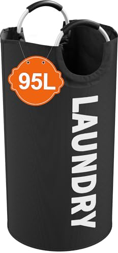 IHOMAGIC Collapsible Laundry Basket with Handles, 95L Big Laundry Hamper, Stand-alone Dirty Clothes Hamper, Storage Basket for Yoga and Sundries, Toteable Washing Bins for Laundry, Kitchen, Black
