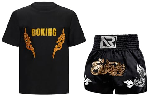 Oyolan Bambino Ragazzo Short da Boxe e T-Shirt Completo da Boxe Muay Thai MMA Kick Boxing Tenuta, 5-6 Anni