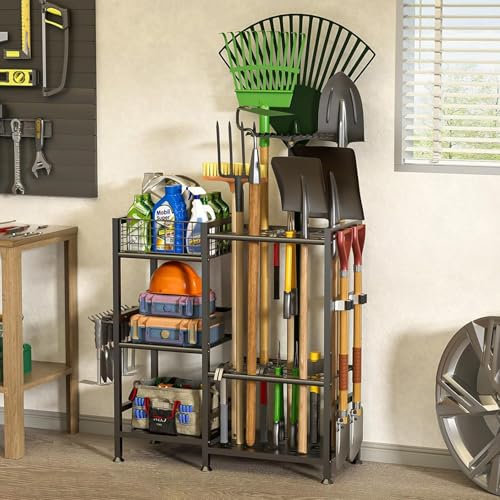 IYUESQ Gartengeräteständer für die Organisation und Lagerung in der Garage, Gartengerätehalter, bis zu 35 Werkzeuge/Rechen/Besen/Schaufeln für die Werkstatt, im Freien