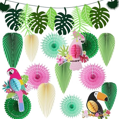 Hawaii Party Deko 16 Stück – Dschungel Deko geburtstag in Grün mit 3 Papageien, 4 Papierfächern, 6 Palmblättern & 1 Blättergirlande – Aloha Deko für Kindergeburtstag, Gartenparty, Pool & Beach Party