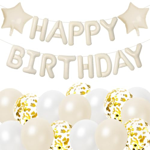 Luftballons Geburtstag Dekoration Creme Weiß, Happy Birthday Luftballon Girlande, Creme Luftballon Konfetti Ballons, Geburtstagdeko Folienballons, Happy Birthday Banner für Geburtstag Party Dekoration