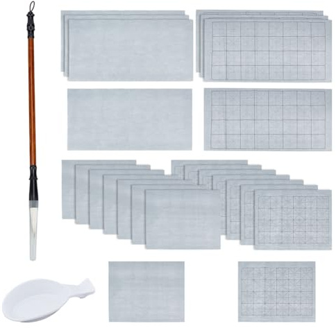 OLYCRAFT Juego de 26 piezas de caligrafía china sin tinta con 24 paños de escritura de dibujo de agua, 1 pincel de escritura tradicional de caligrafía, 1 plato de agua para clase de caligrafía y