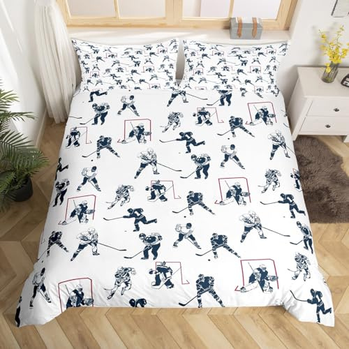 Loussiesd Hockey sur Glace Parure de Lit pour Enfants Garçons Filles Salle événement Sportif modèle Housse de Couette 140x200cms Joueur de Hockey Literie décor Sports d'hiver