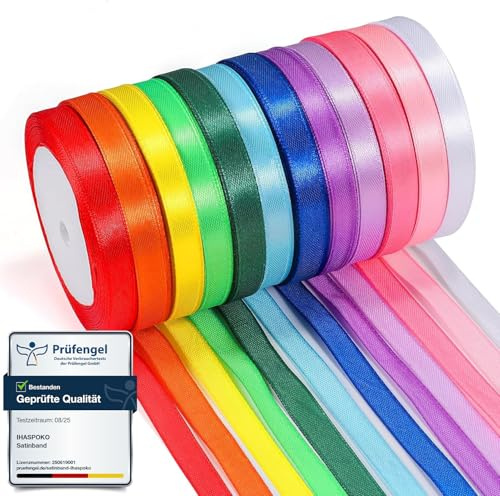 ihaspoko 12 Colours Polyester Satin Ribbon, 10mm x 22 Meters Satin Ribbon for DIY Art & Crafts, Gift Wrapping, Balloons, Bows,Holiday Decorations