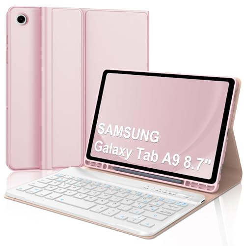 Occtingkind Coque Clavier pour Samsung Galaxy Tab A9 8.7 Pouces, AZERTY Français Housse Clavier Bluetooth Magnétique Détachable avec Porte Crayon pour Tablette Samsung Galaxy Tab A9 8.7 2023, Rose