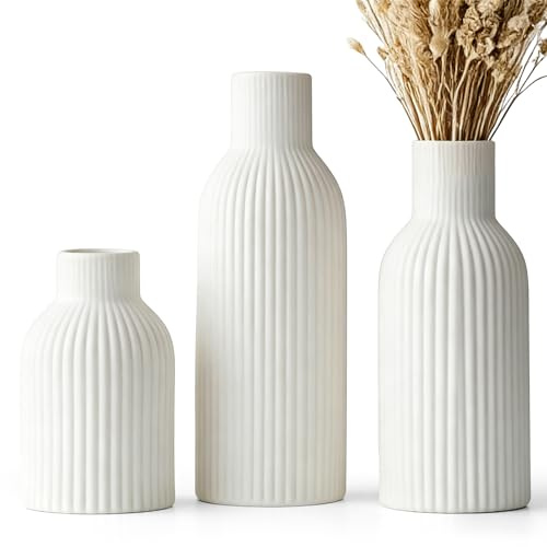 Vase für Pampasgras, 3 Stück Keramik Vase Weiß, Boho deko Aesthetic blumenvase für Zimmer Schlafzimmer, Matt Rund Modern Design Vasen
