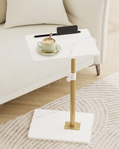 Apetaccat Beistelltisch C-Form, 360°Rotierend Couchtisch Klein, Höhenverstellbar Sofatisch,40x30x(45-81) cm,Holz Kaffeetisch Laptoptisch für Schlafzimmer, Wohnzimmer, Büro(Weiß Gold)