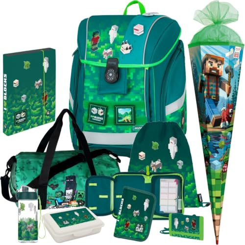 Pridera OB Premium Light - Playworld - Pixel - Schulranzen-Set 9tlg. mit Sporttasche, Schultüte N, Brotdose Trinkflasche Brustbeutel, Heftbox gratis