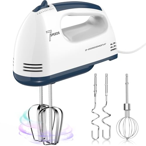 Z-DESDEMONA Frullatore elettrico a mano, piccolo miscelatore alimentare a 7 velocità, 304 x (1 frusta, 2 battitori, 2 ganci per impasto), miscelatore da cucina per panna, biscotti