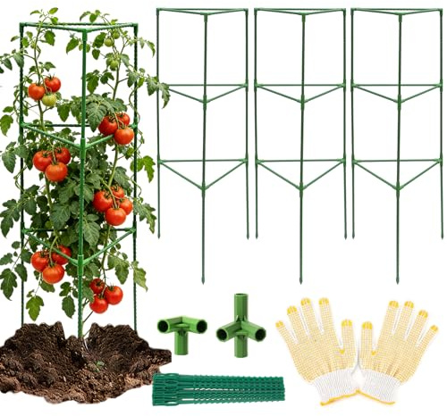 3er Set Tomatenkäfig 126 × 40 cm – Dreieckige Metall-Pflanzenstützen mit Pflanzenbindern, stabile Rankhilfe für Tomaten, Klettergemüse und Blumen im Garten