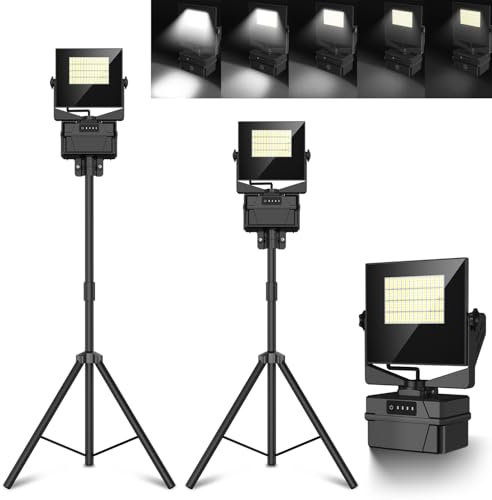 Rechargeable 10000mAh Work Light with Stand 5 ft Max Height, Cordless Work Light Dimmable 10000 Lumens Tripod Work Light Construction Essentials Gear Emergency floodlight with Detachable Tripod