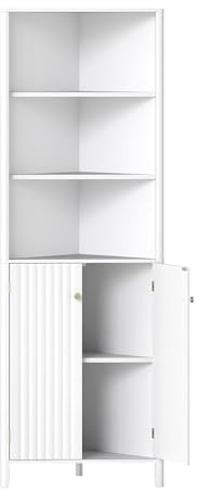 GIANTEX Armario de Esquina Alto, Mueble de Baño con 3 Estantes Abiertos y 2 Puertas, Estante Inferior Ajustables, Kits Antivuelco, 58 x 32 x 172,5 cm, Organizador para Salón, Dormitorio (Blanco)