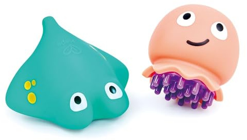 Hape Badleksak, havsinvånare, badfigurer havsinvånare – bläckfisk och rocka med massagefunktion – vattenleksak och babyborste – BPA-fri och lätt att rengöra – för barn från 12 månader