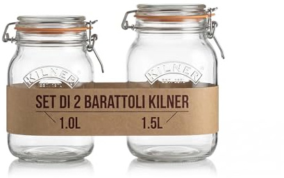 Kilner® Barattoli in Vetro con Chiusura Ermetica, Set da 2, 1.0L e 1.5L, Clip in Acciaio Inox, Guarnizione Arancione