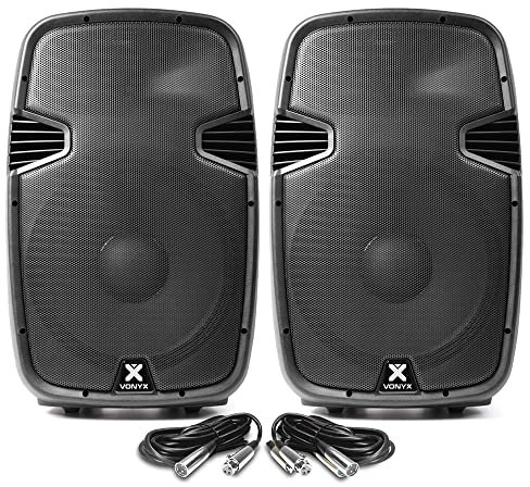 VONYX SPJ1500ABT 15 Bluetooth Active PA Speaker Pair with MP3 USB SD Playback, 1600W DJ Disco Party Sound System & XLR Cables Included