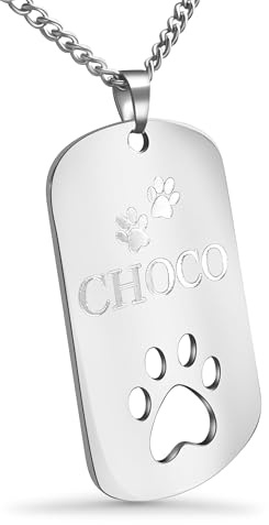 Hanessa graverad hund-tag kedja med önskan gravyr och fotavtryck sparande i silver. Silver smal halsband av rostfritt stål berlock smycke present till kvinnor och män till mors dag