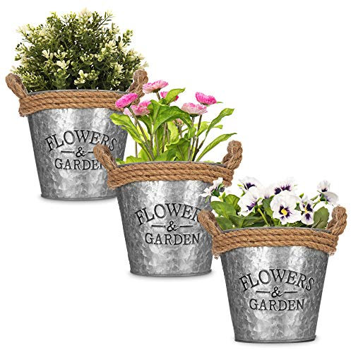 LIVIVO Zinc Plant Pot with Anti-Slug Cotton Rope Handles and 'Flowers & Garden' Design for Outdoor or Indoor Use, Flower Pot, Herb Garden or Avocado Vase (Set of 3, Round)