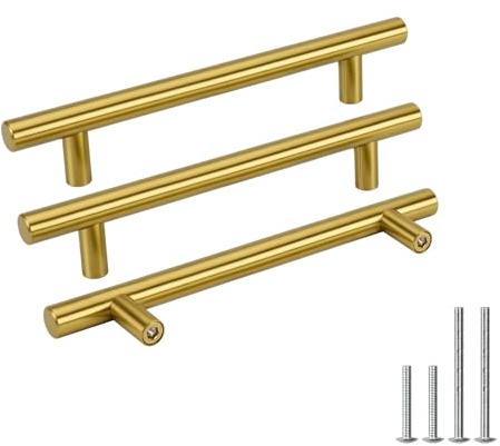 Goldenwarm 6pcs Brushed Brass Kitchen Cabinet Hardware Handle 128mm Furniture Gold Door Drawer Pulls Knobs Hole Spacing 128mm 5in