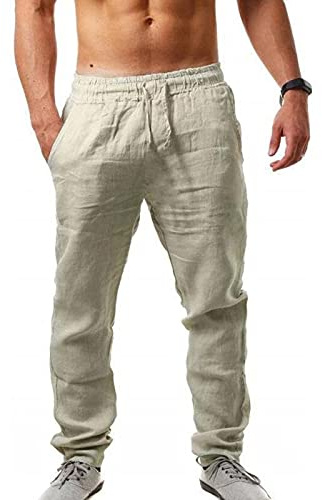 Sprifloral Pantaloni Casual di Lino da Uomo Coulisse Pantaloni da Spiaggia Estivi Leggeri Cachi XXL
