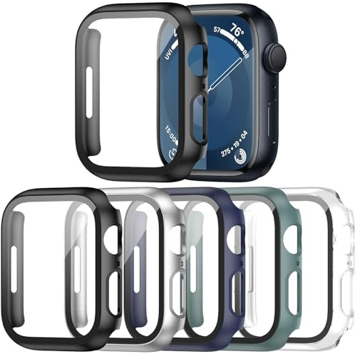 Haojavo 5-Stück Hard PC Schutzhülle für Apple Watch Series 9 Serie 8 Serie 7 45mm, iWatch Hülle Mit Glas Displayschutz, schutzfolie gehärtetem Glas für iWatch-Zubehör